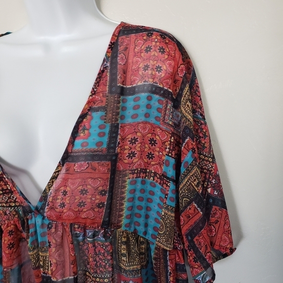 Rokoko Women's Large Patchwork Chiffon Short Sleeve Blouse V-neck Red Blue Top - Picture 2 of 7